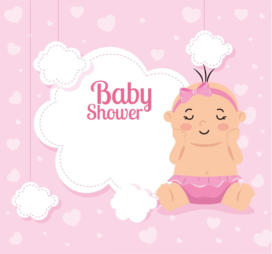 tarjeta de baby shower con niña y decoración. vector