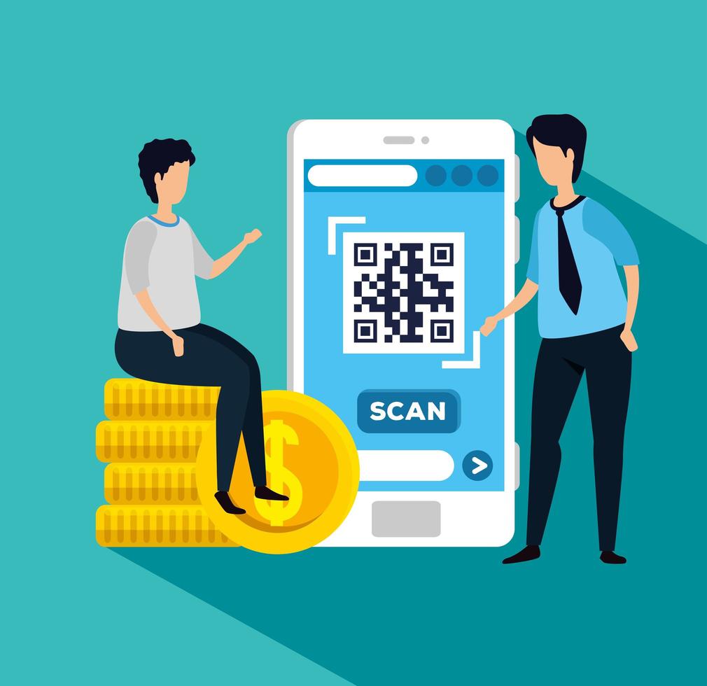 code qr in smartphone with businessmen and icons vector