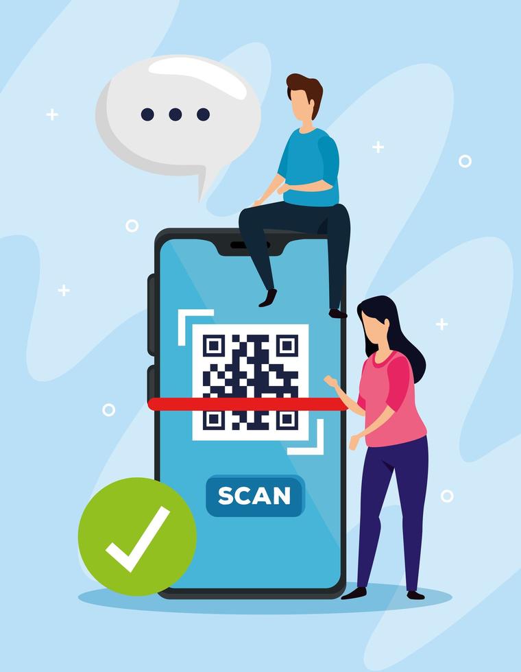 escanear el código qr con smartphone y pareja de negocios vector