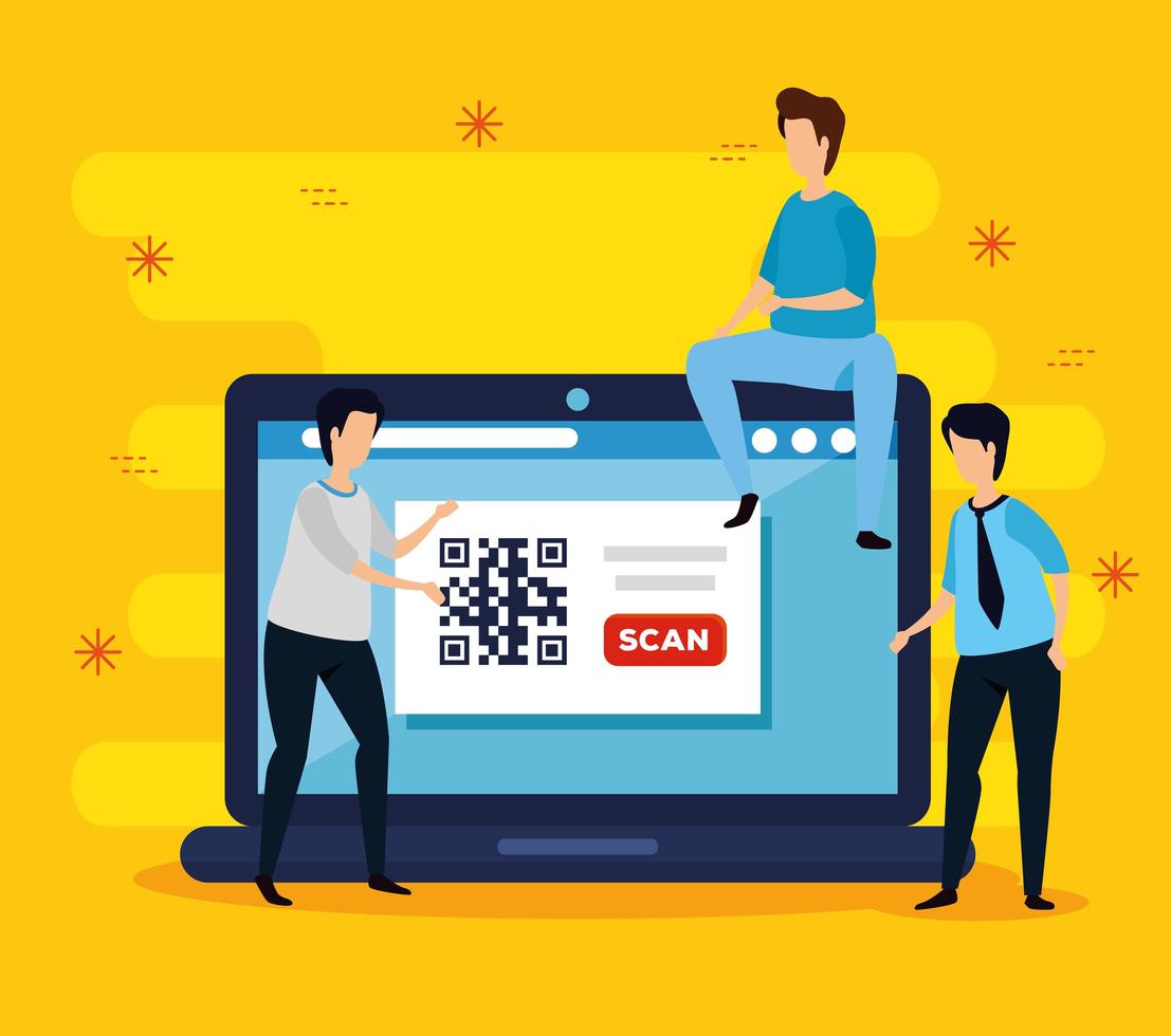 code qr in laptop with businessmen and icons vector