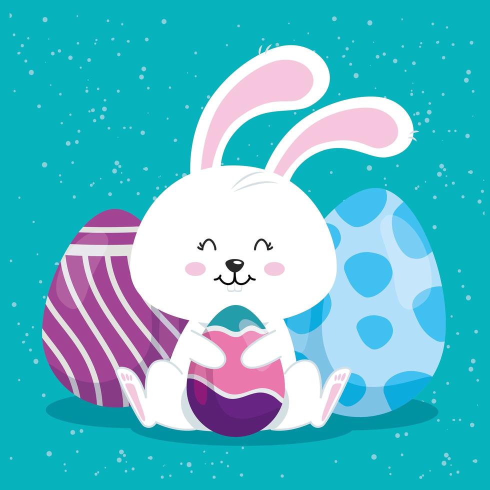 lindo conejo con huevos de pascua decorado vector