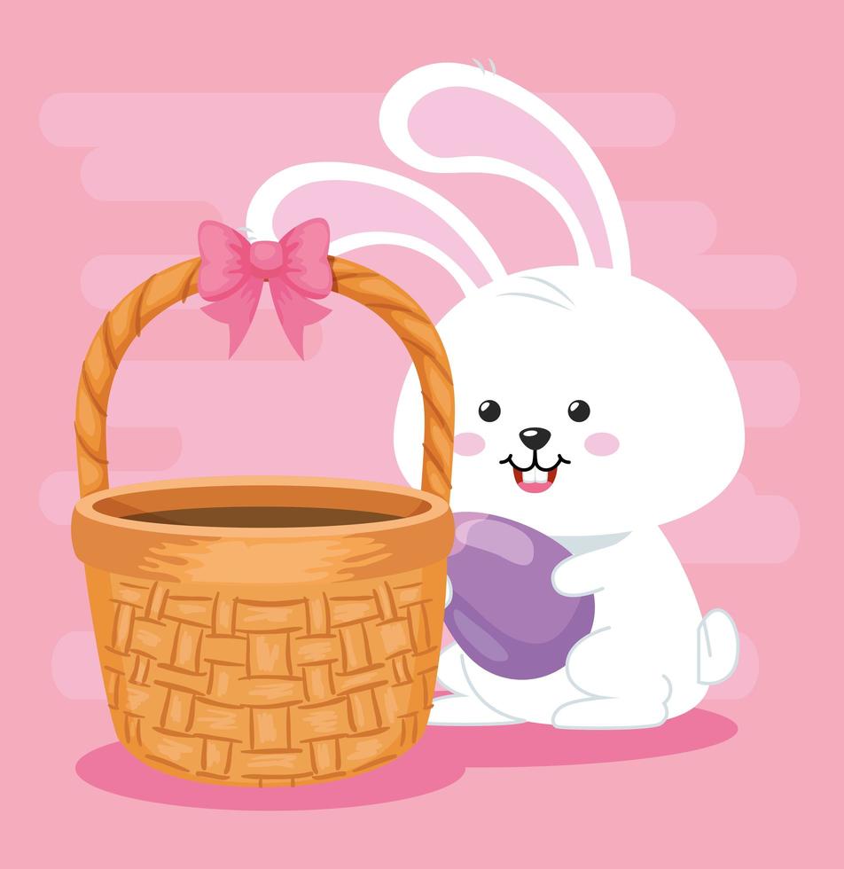 cute rabbit with egg easter and basket wicker vector