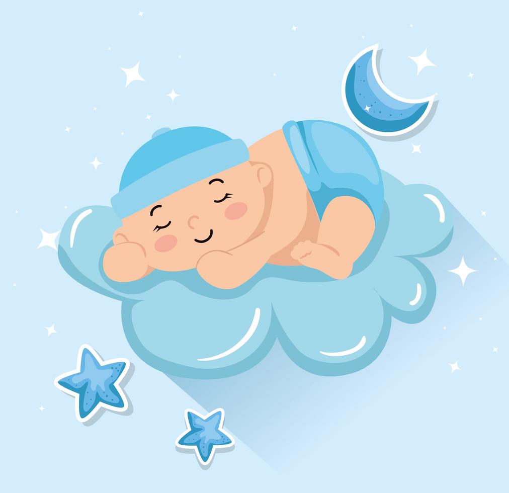 lindo bebé niño durmiendo en la nube vector