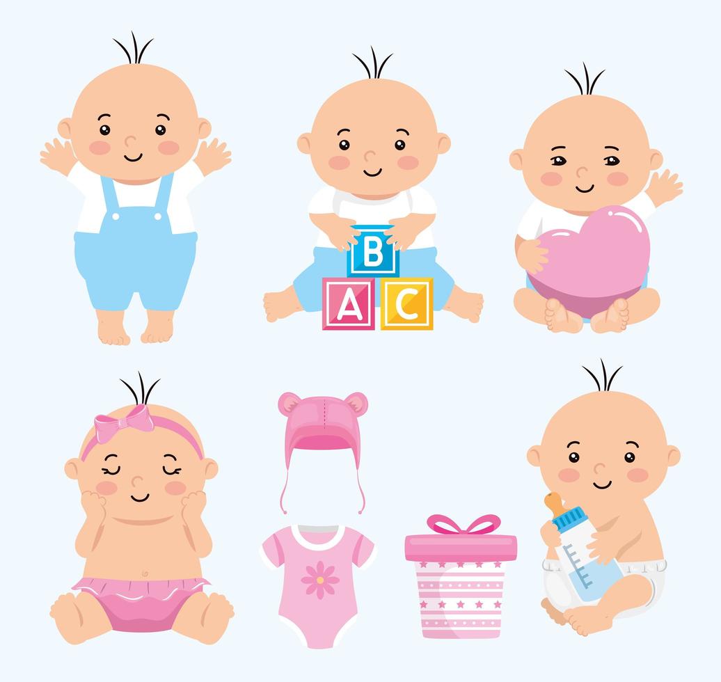 group of cute babies and icons vector