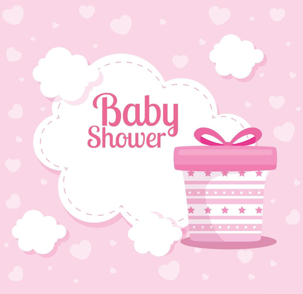 tarjeta de baby shower con caja de regalo y nubes vector