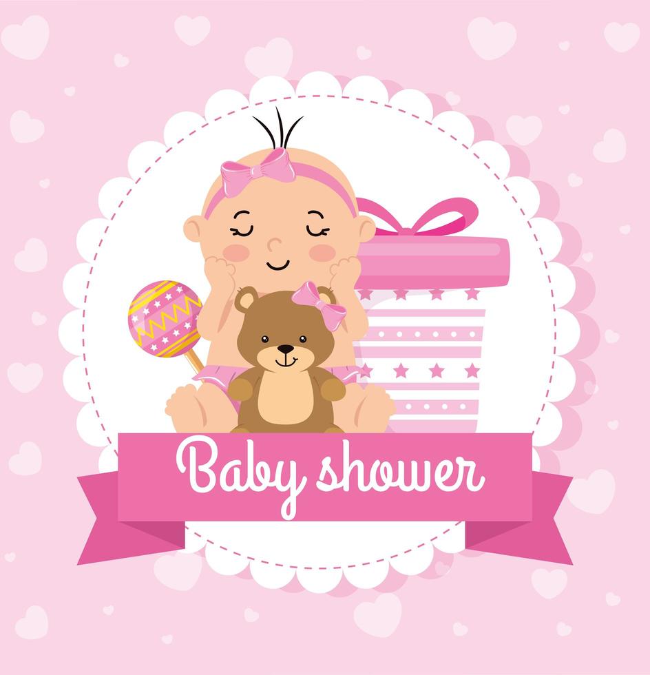 tarjeta de baby shower con niña y decoración. vector