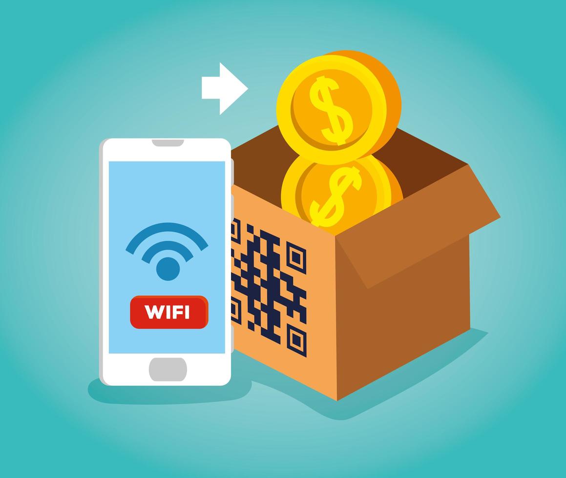 scan qr code in box with smartphone and coins vector