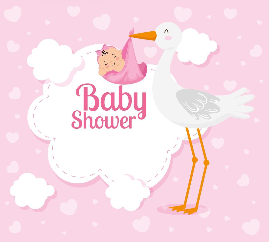 baby shower card with cute stork and decoration vector