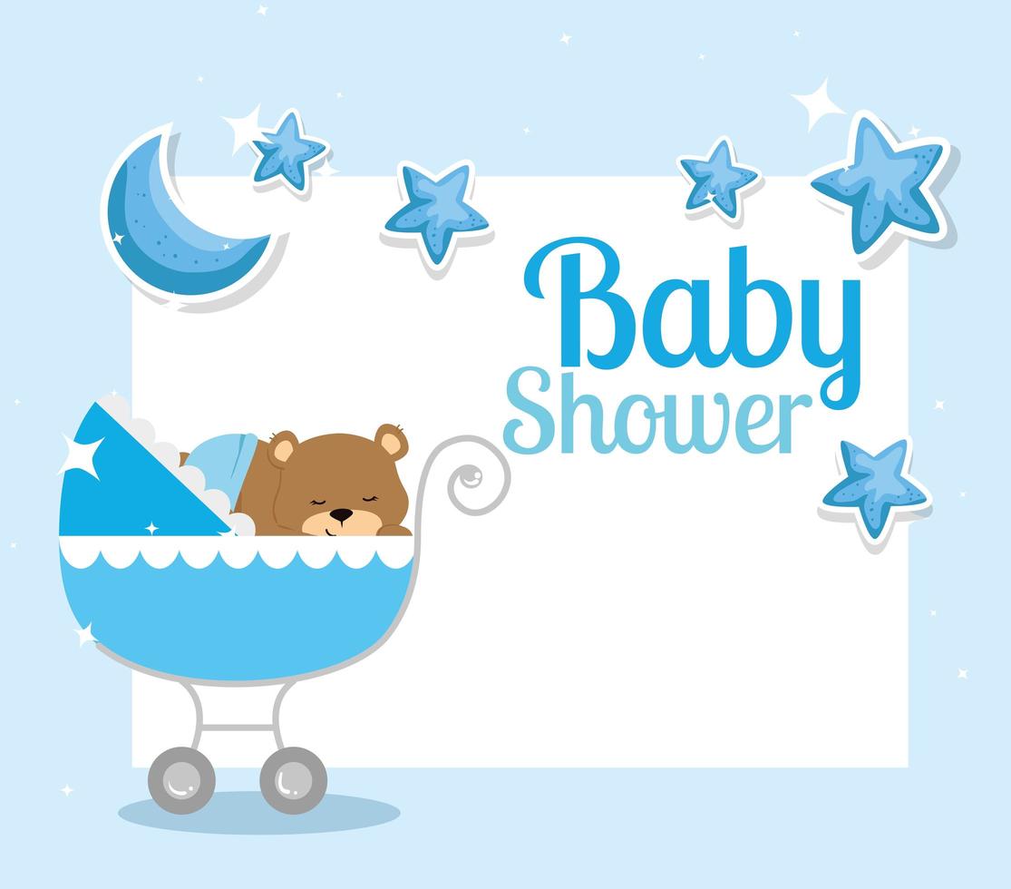 tarjeta de baby shower con lindo oso y decoración. vector