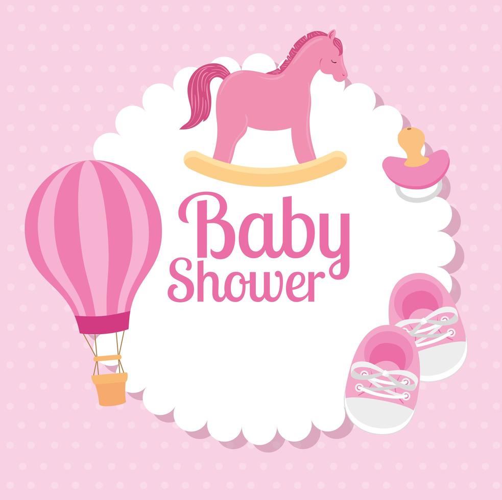 Tarjeta de baby shower con caballo de madera y decoración. vector