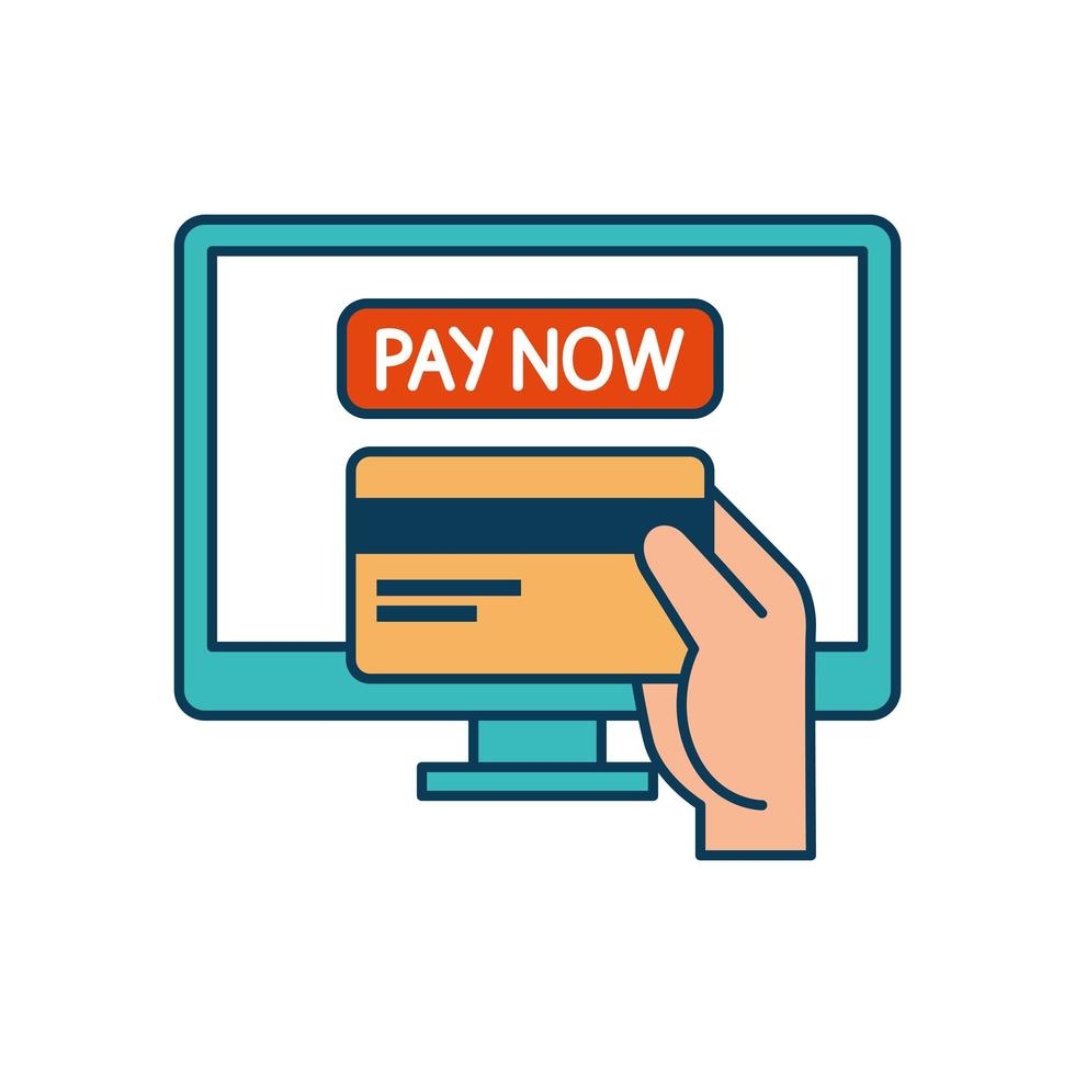 computer with button pay now and credit card vector