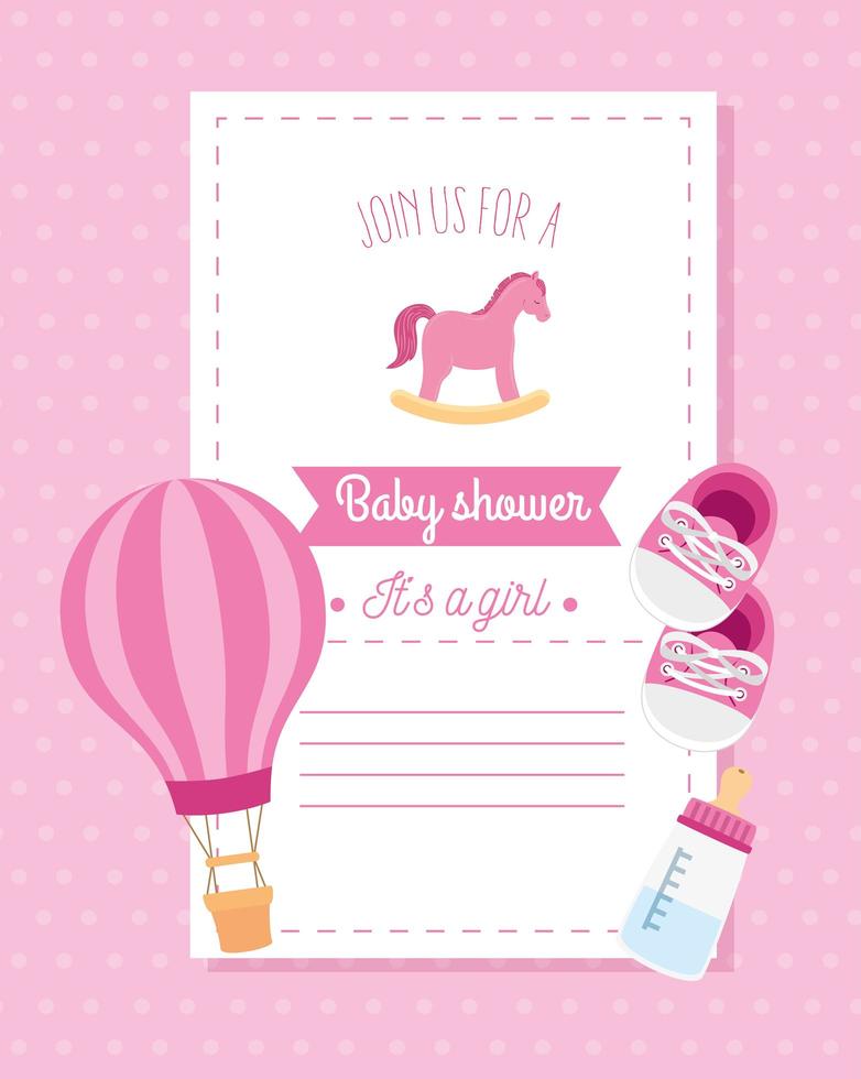 Tarjeta de baby shower con caballo de madera y decoración. vector