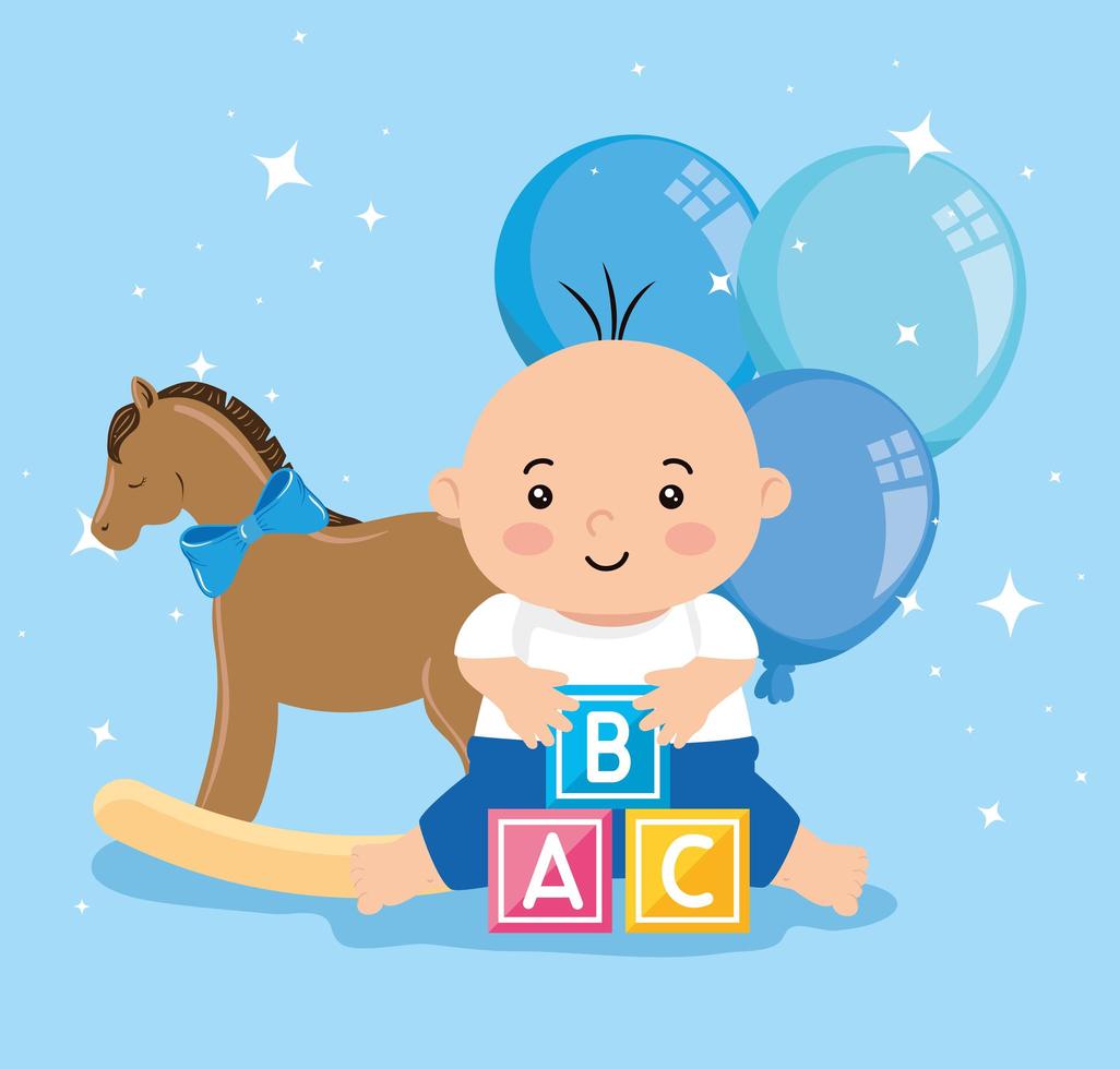 lindo bebé niño con juguetes vector