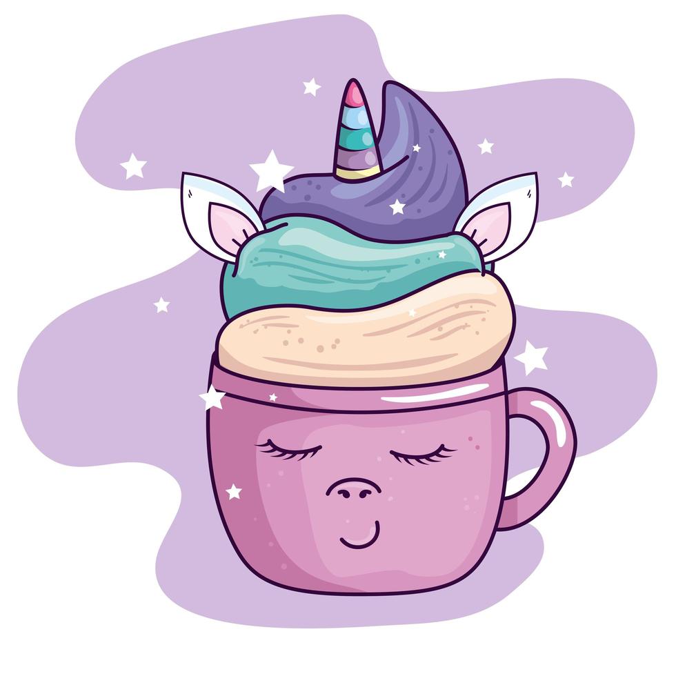 Linda taza de unicornio con decoración de estrellas estilo kawaii vector