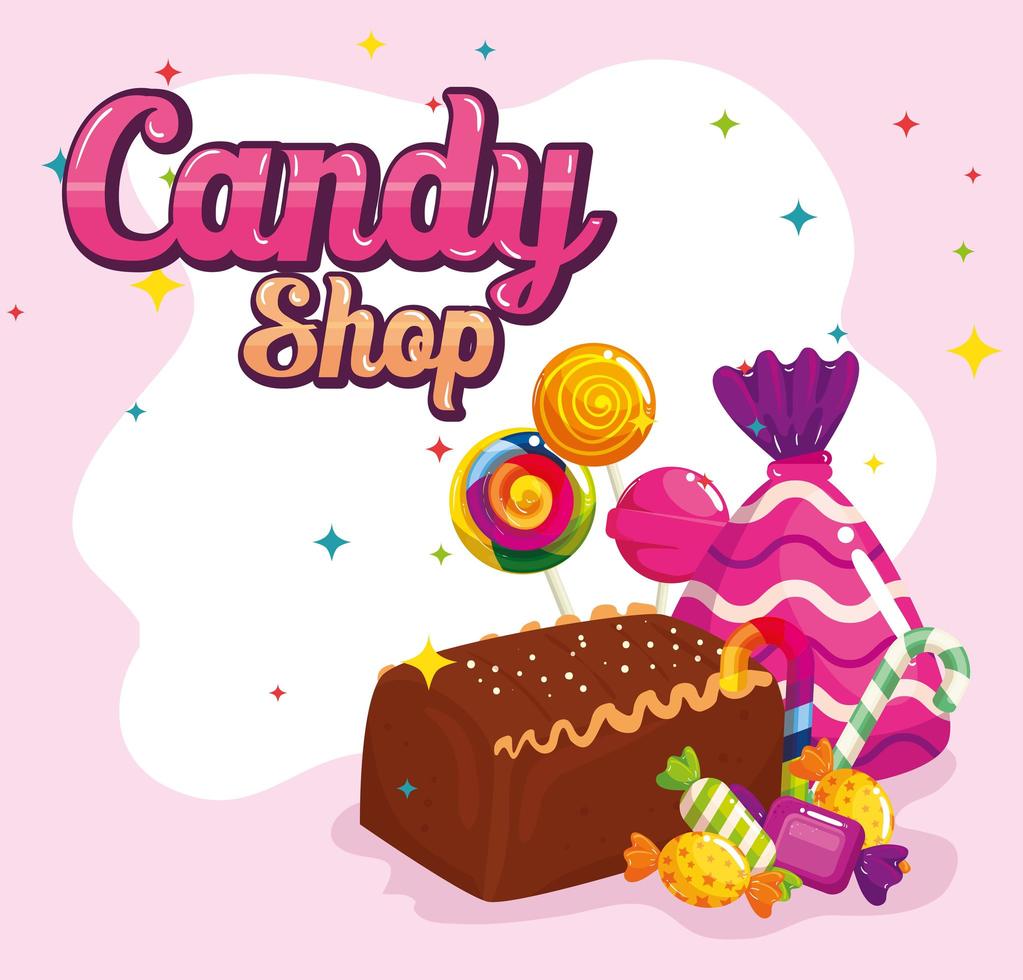 poster of candy shop with chocolate cake and candies vector