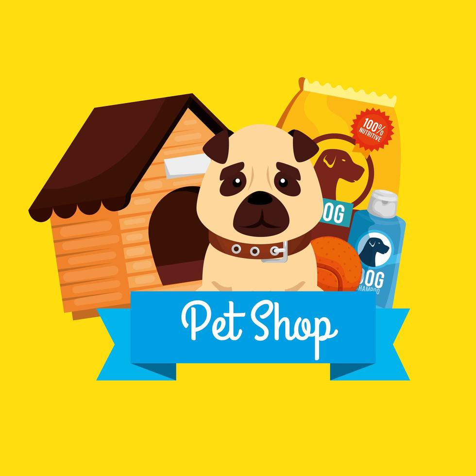 tienda de mascotas con perrito e iconos vector