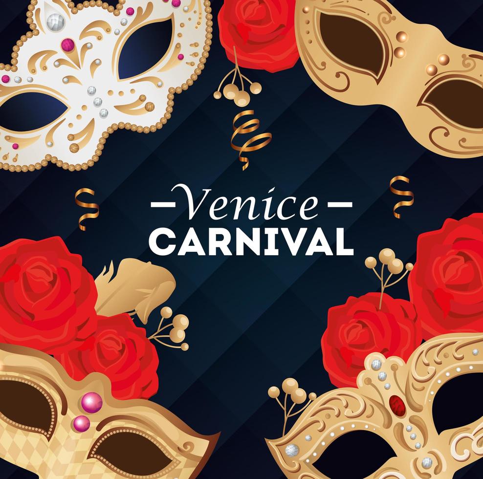 cartel del carnaval de venecia con máscaras y decoración. vector