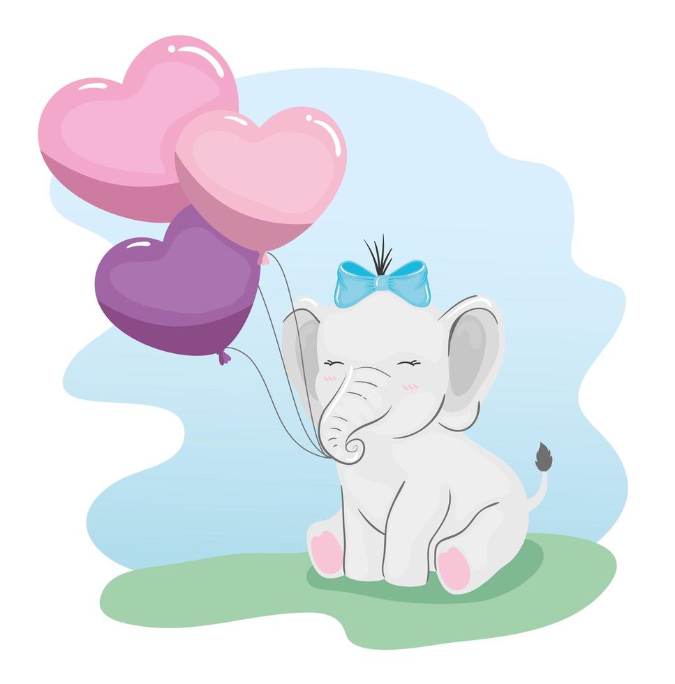 lindo elefante con globos de helio en forma de corazón vector