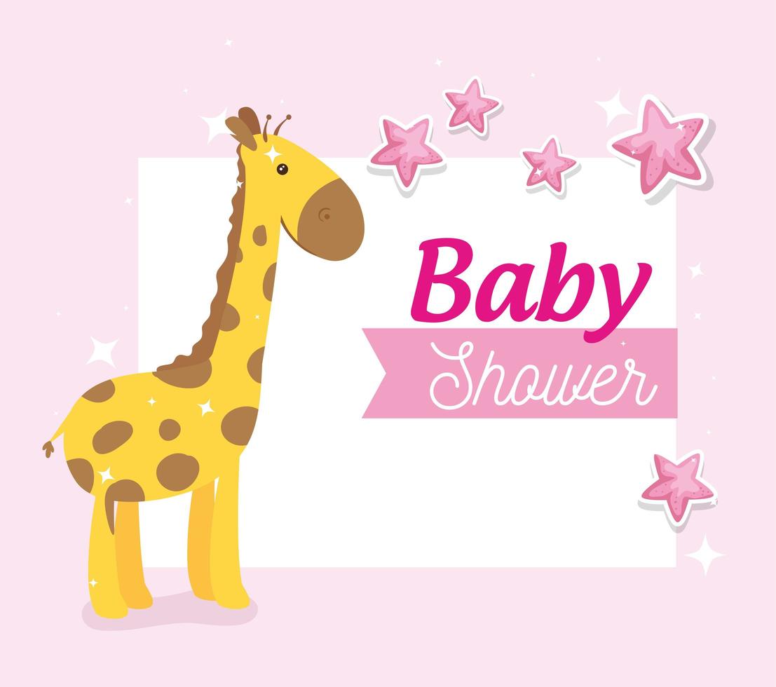 Tarjeta de baby shower con decoración de jirafas y estrellas. vector