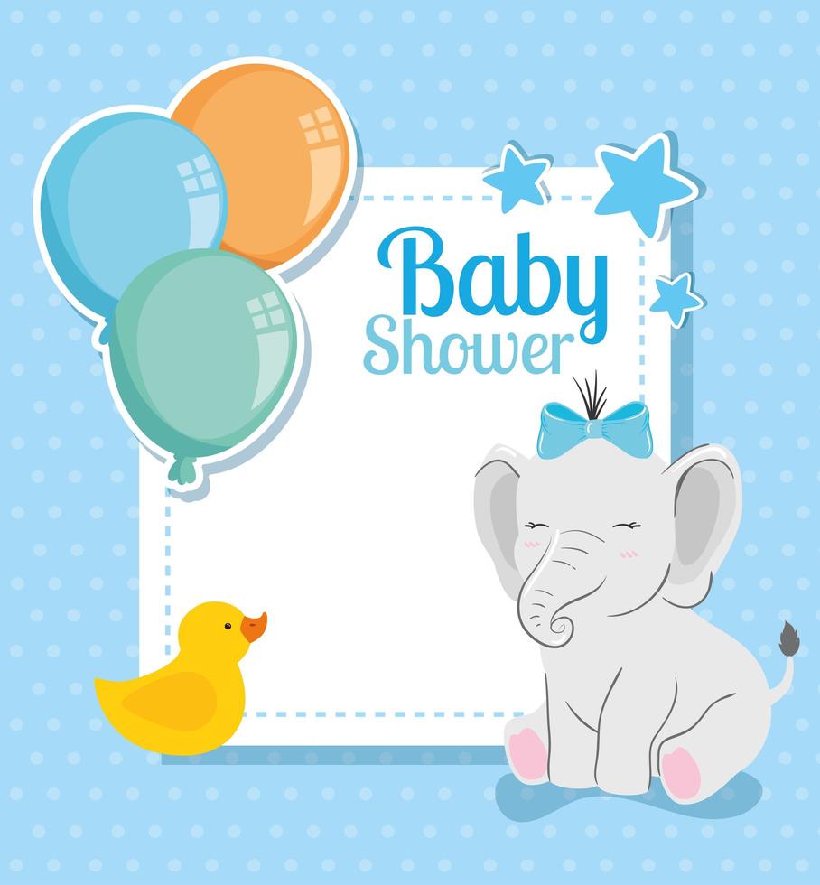 Tarjeta de baby shower con lindo elefante y decoración. vector