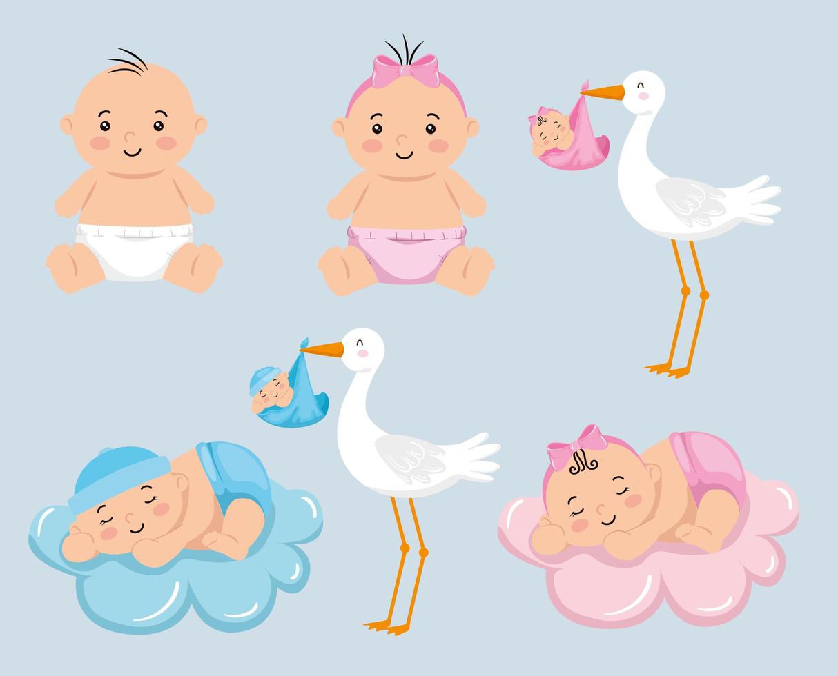 group of little babies with cute stork vector