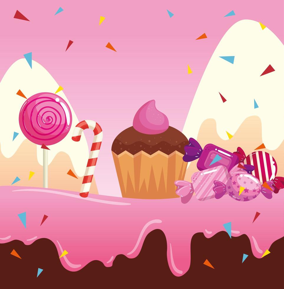 candy land with cupcake and caramels vector