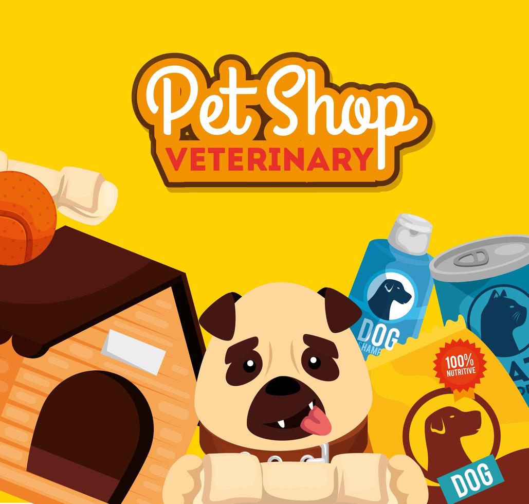 Tienda de mascotas veterinaria con perrito e iconos. vector