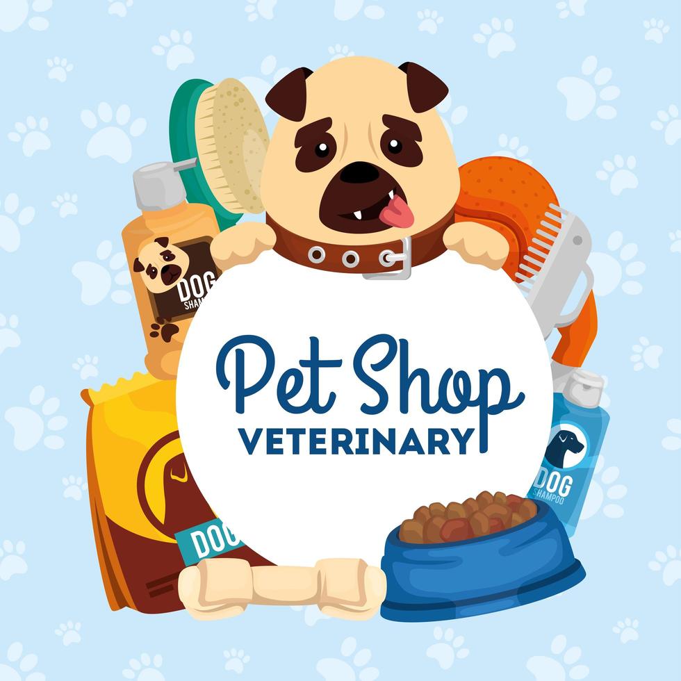 Tienda de mascotas veterinaria con perrito e iconos. vector