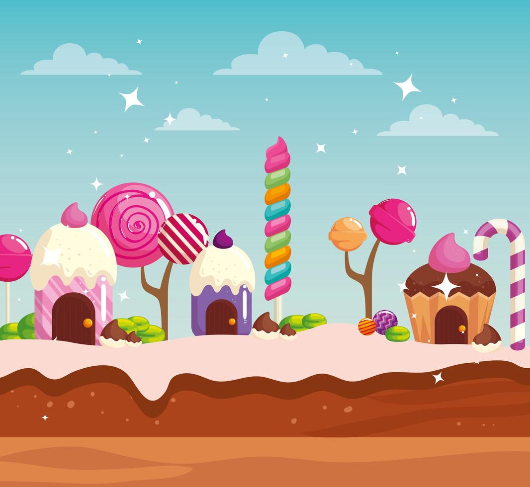 candy land with houses cupcake and caramels vector