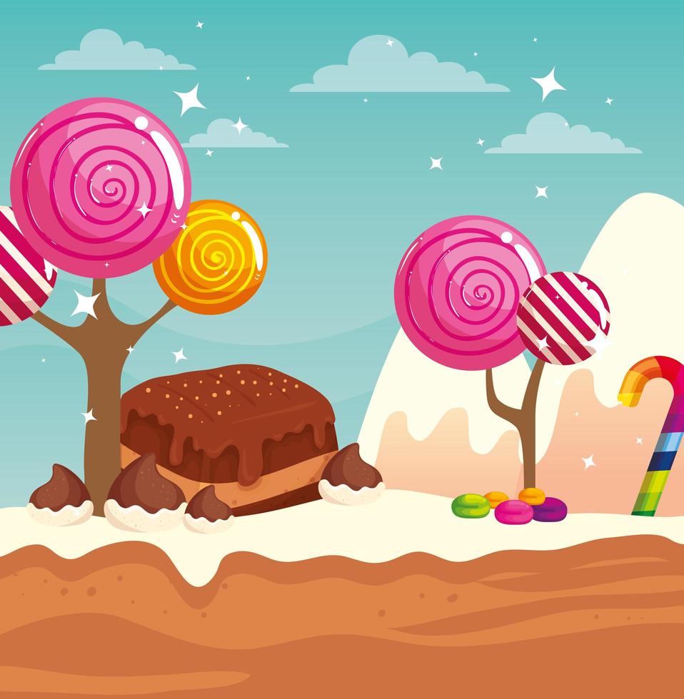 candy land with brownie and caramels vector