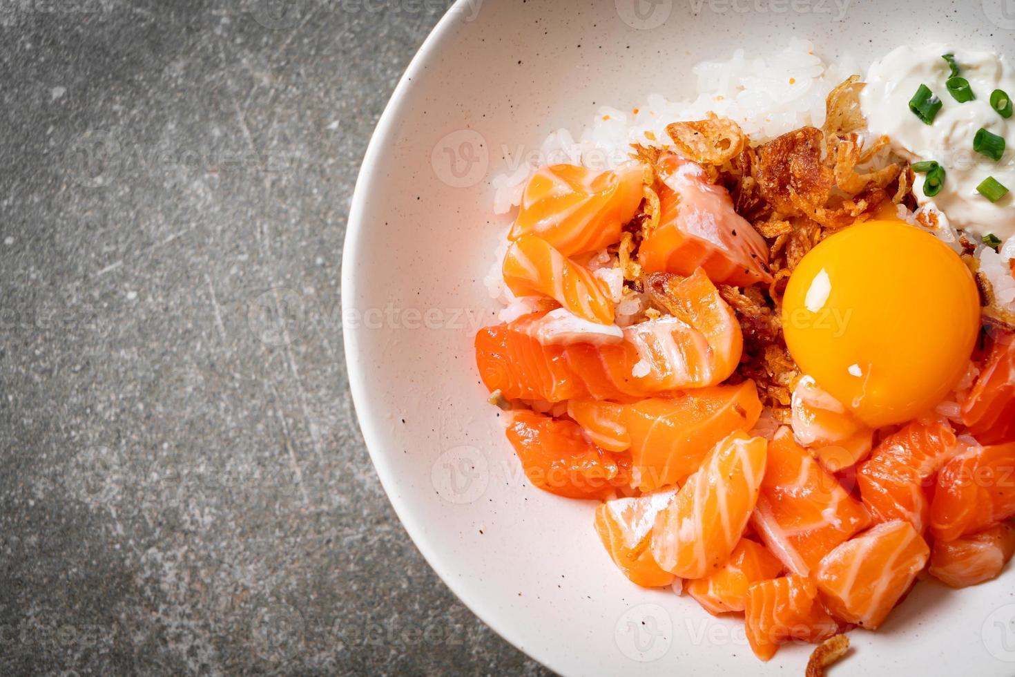 Japanese rice with fresh salmon raw and egg photo