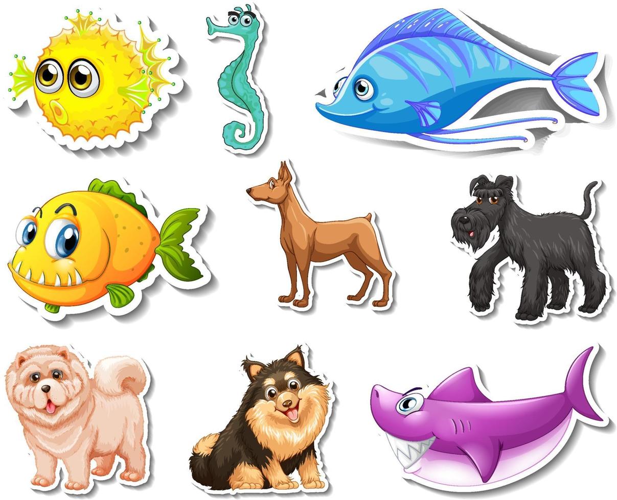 Set of stickers with sea animals and dogs cartoon character vector