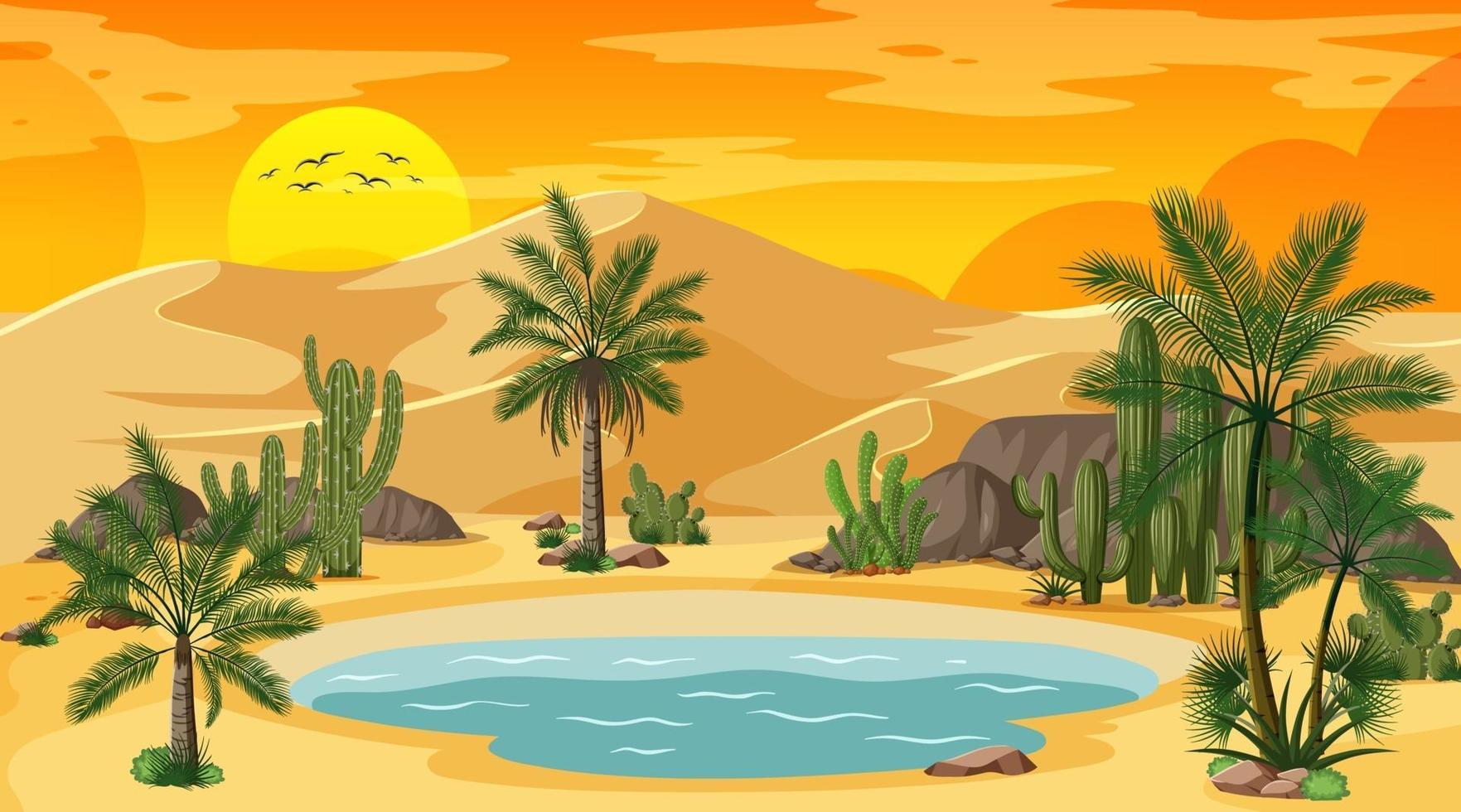 Desert forest landscape at sunset scene with oasis vector