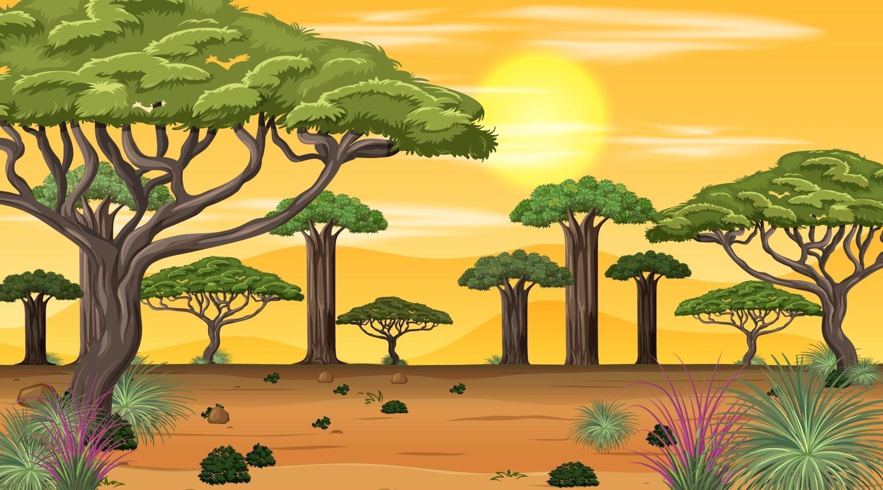 Escena del paisaje del bosque de la sabana africana al atardecer vector
