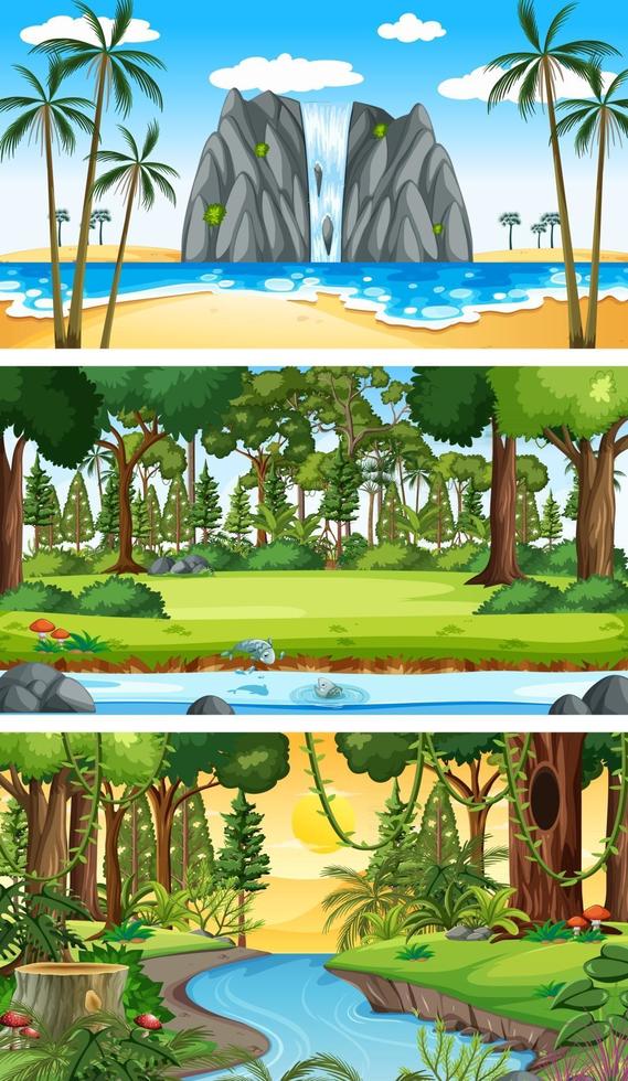 tres escenas horizontales de naturaleza diferente. vector