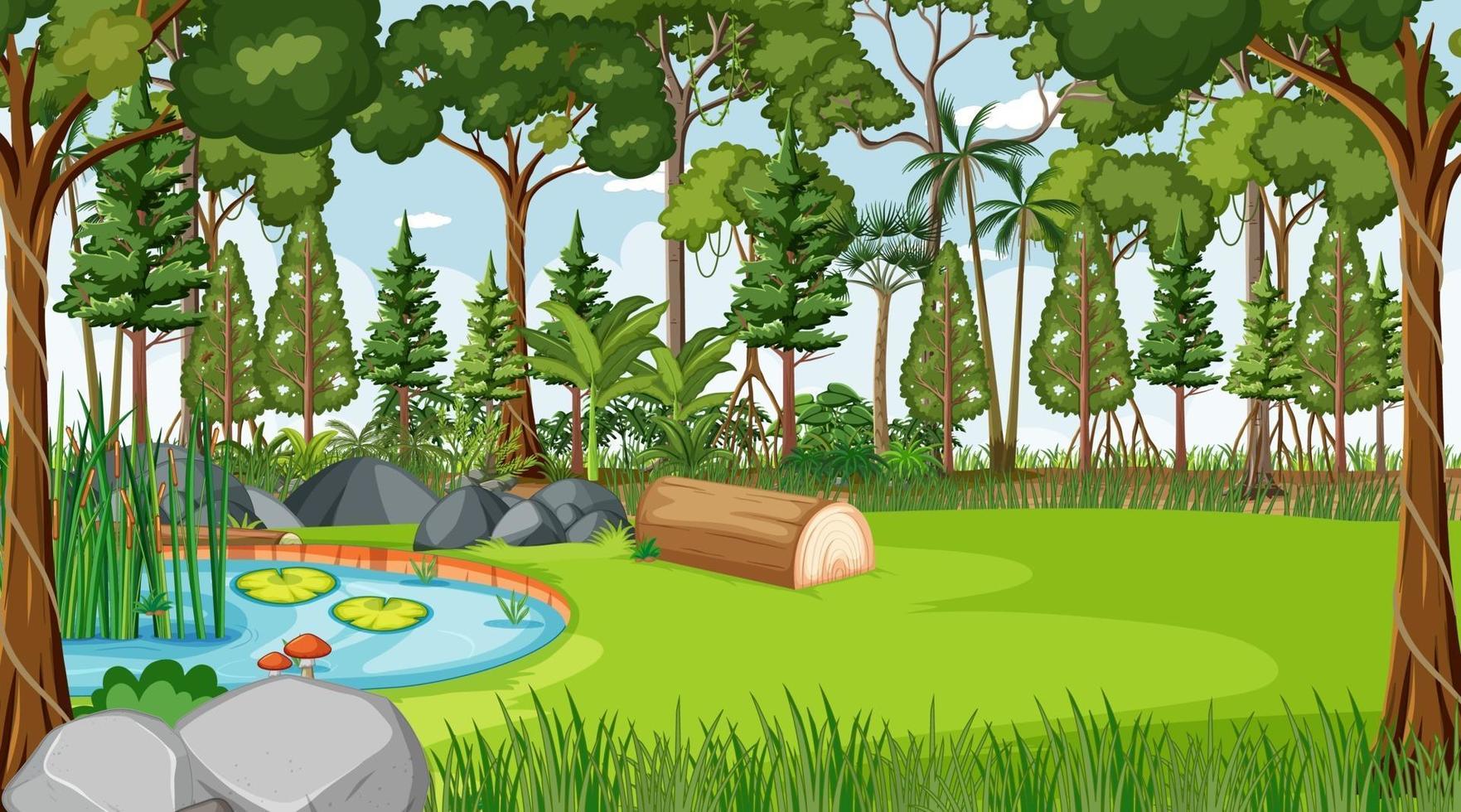 Forest nature scene with pond and many trees at day time vector