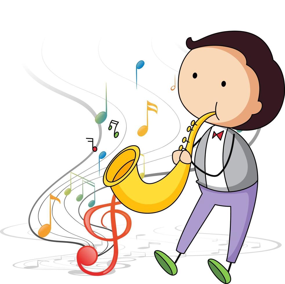 Doodle personaje de dibujos animados de un hombre tocando el saxofón con símbolos de melodía musical vector