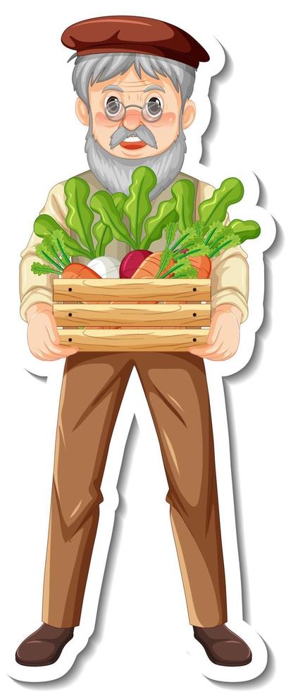 Sticker template with a gardener old man holds vegetable box isolated vector