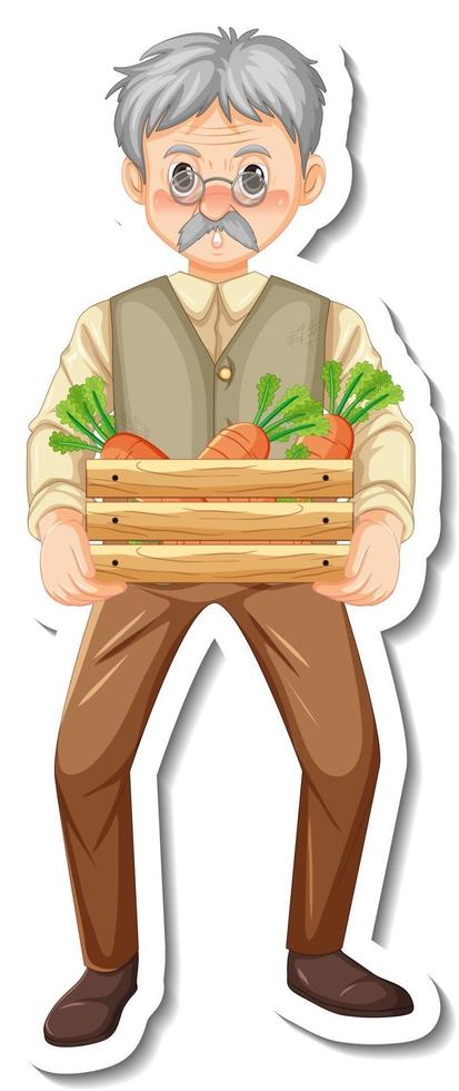 Sticker template with a gardener old man holds vegetable box isolated vector