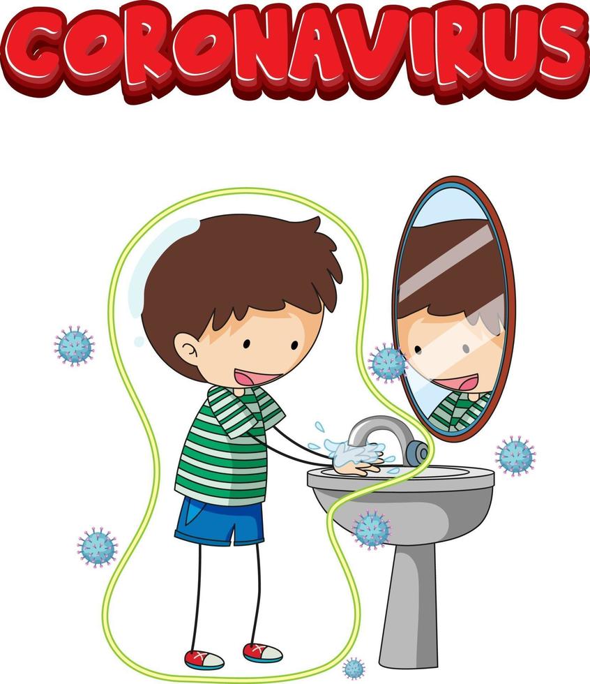 Coronavirus font design with a boy washing his hands on white background vector