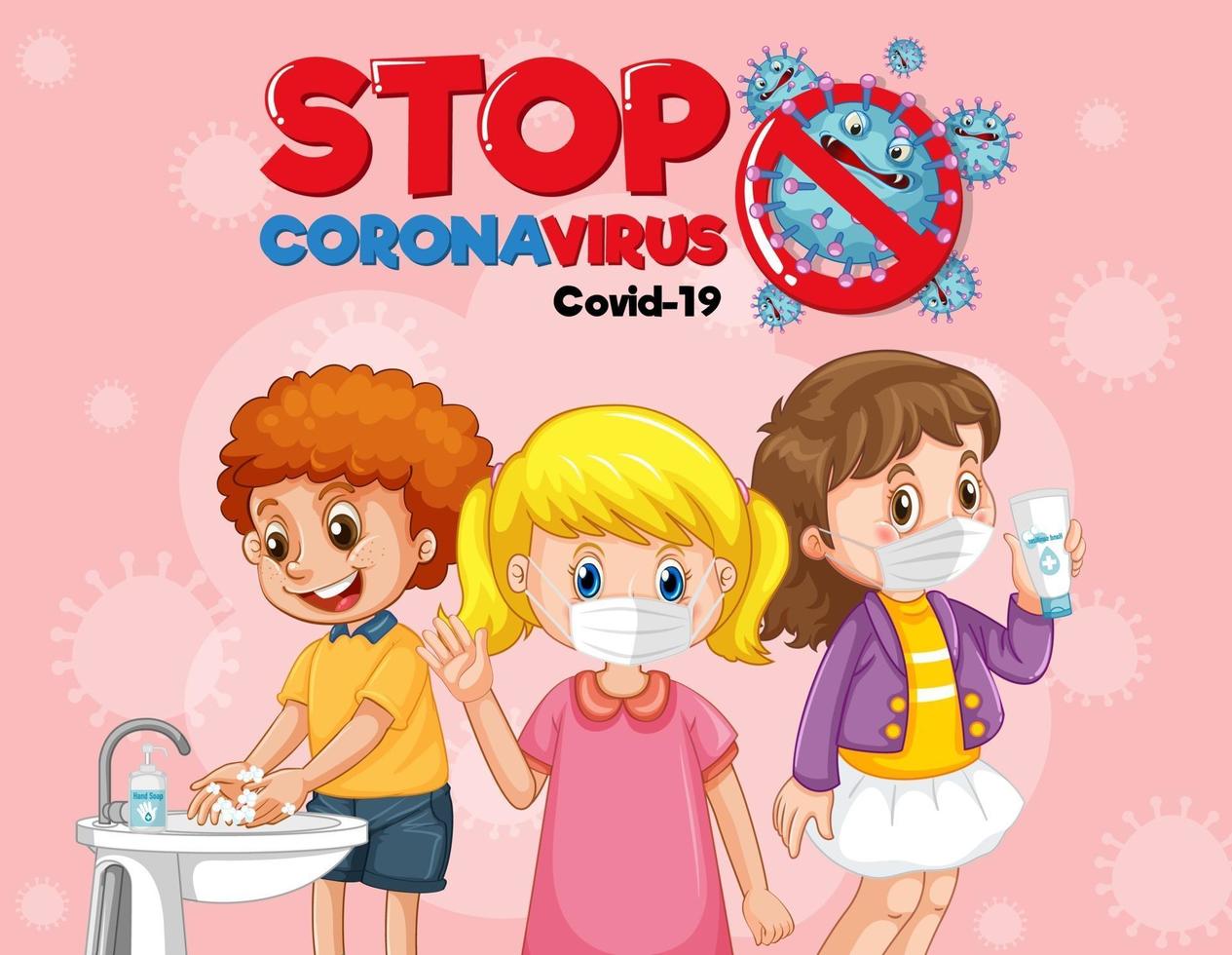 detener el diseño de banner de coronavirus con niños con máscara médica vector