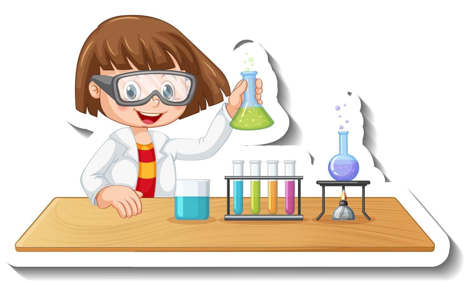 Sticker template with cartoon character of a student doing chemical experiment vector