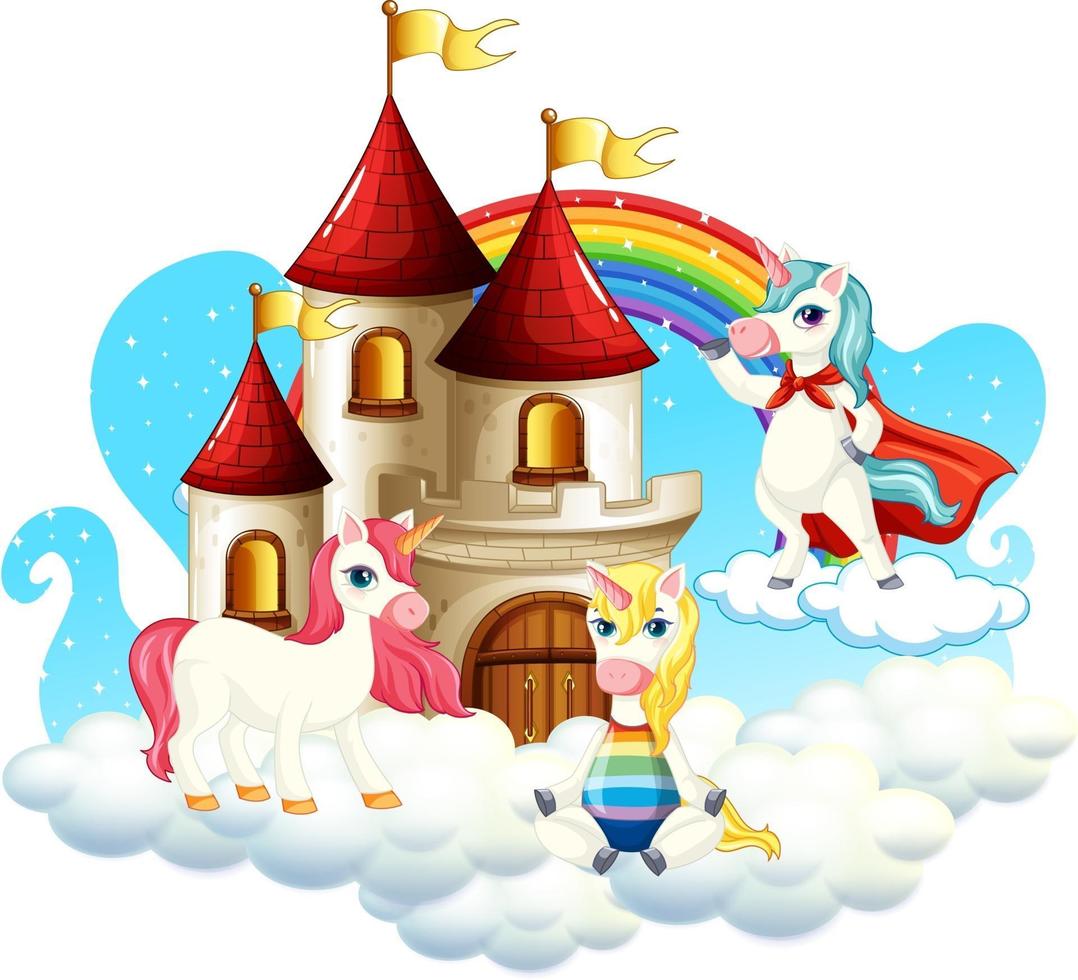 Many cute unicorns cartoon character with castle on the cloud vector