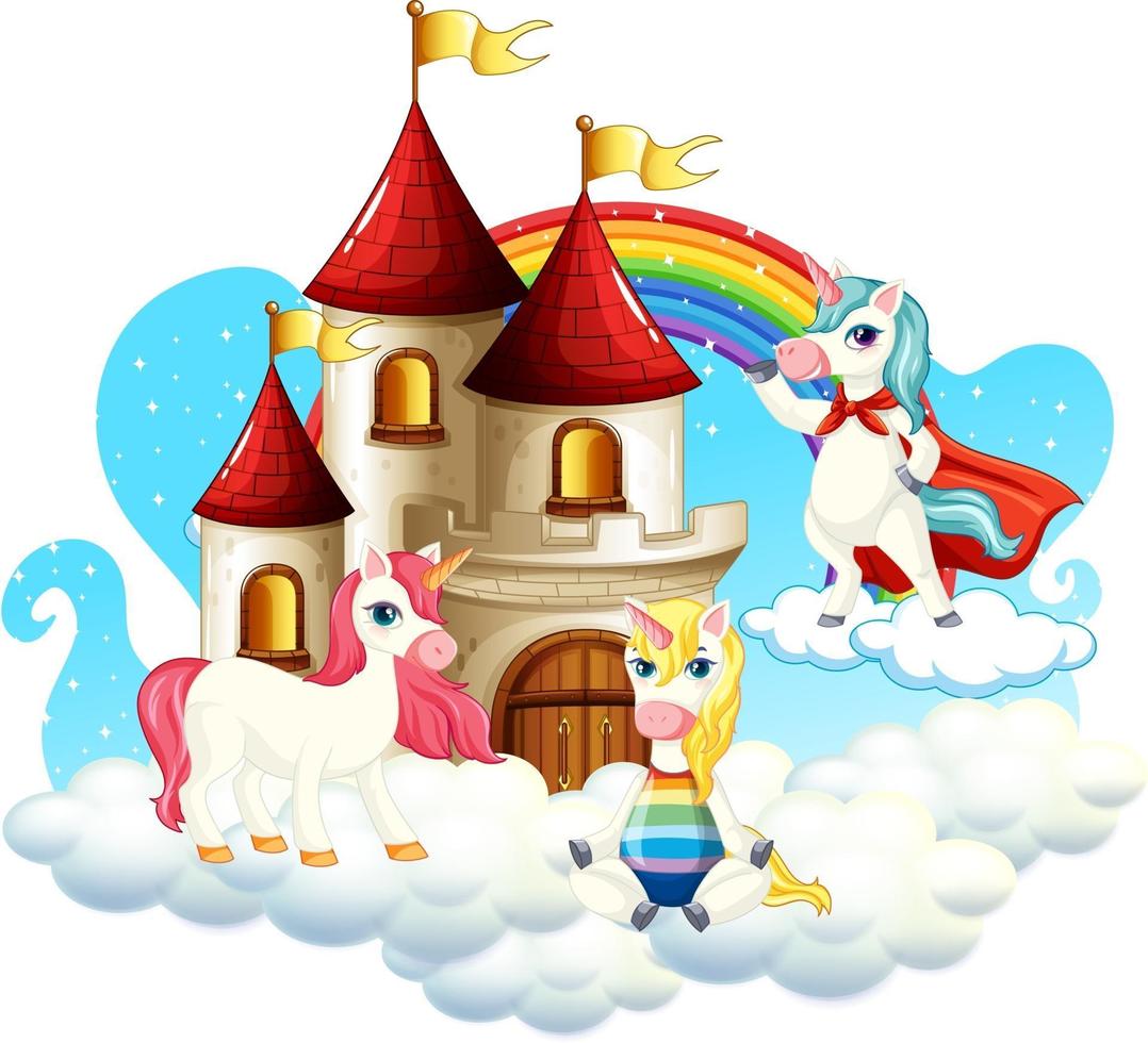 muchos lindos personajes de dibujos animados de unicornios con castillo en la nube vector