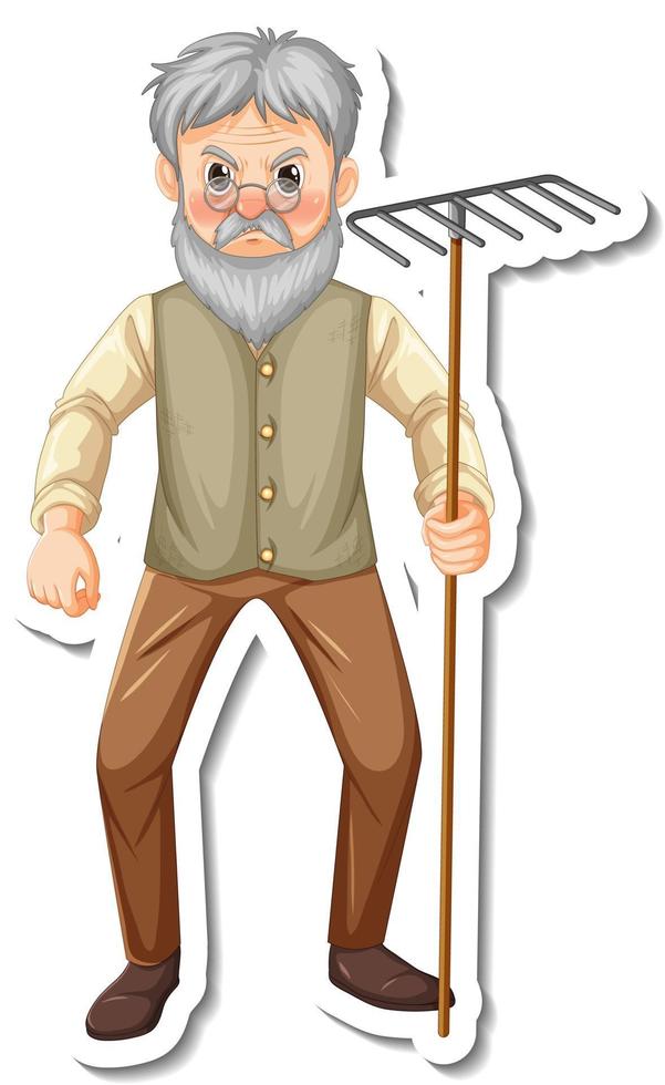 Sticker template with a gardener old man holds rake gardening tool isolated vector