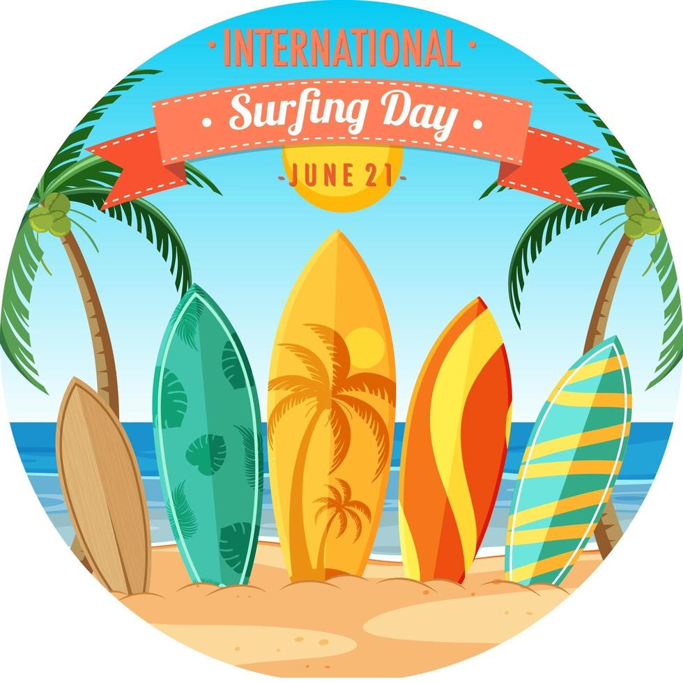 Banner del día internacional del surf con muchas tablas de surf en la playa aislada vector