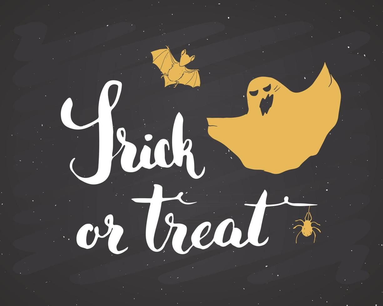 tarjeta de felicitación de halloween. Letrero de caligrafía de letras y elementos dibujados a mano, invitación a una fiesta o diseño de banner de vacaciones ilustración vectorial vector