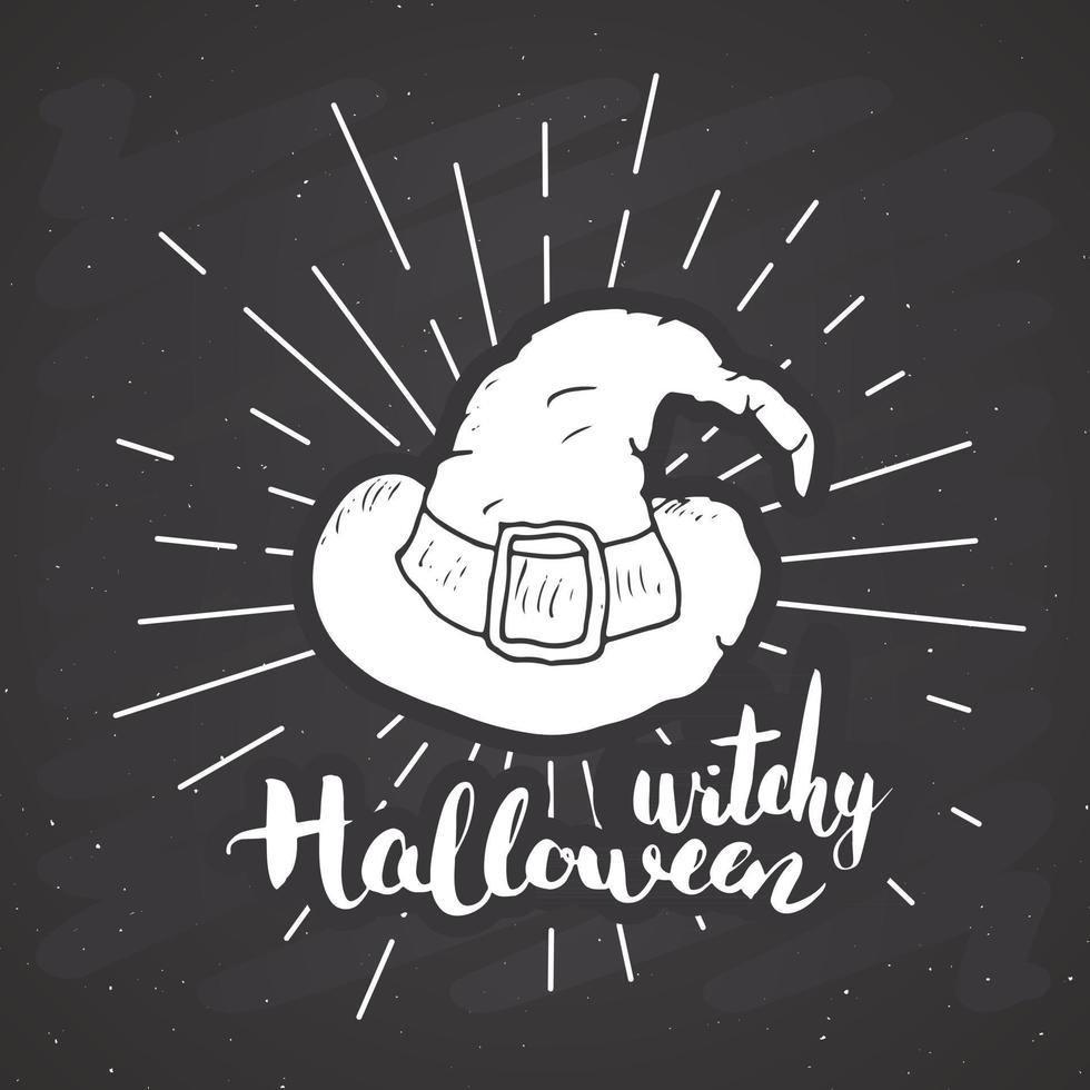 Etiqueta vintage de tarjeta de felicitación de Halloween, sombrero de bruja de boceto dibujado a mano, insignia retro con textura grunge, estampado de camiseta de diseño tipográfico, ilustración vectorial vector