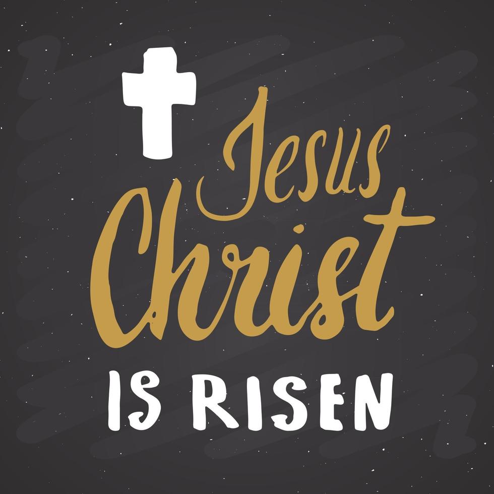 He is risen, lettering religious sign with crucifix symbol. Hand drawn Christian cross, grunge textured retro badge, Vintage label, typography design print, vector illustration