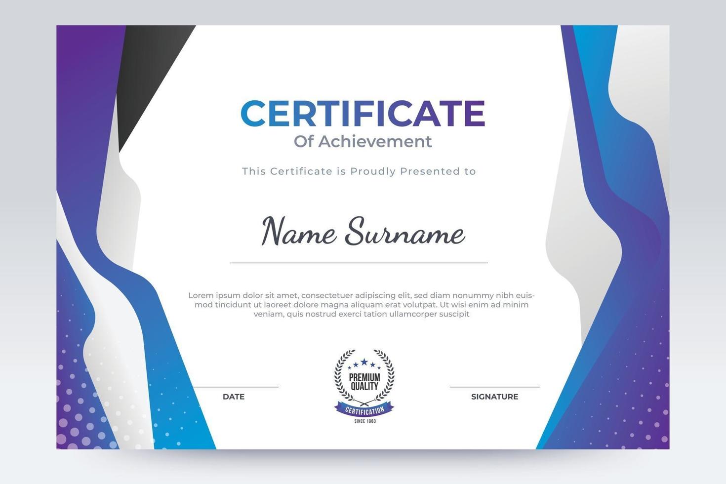 Purple certificate of achievement template. Flat certificate template design with trend color. vector